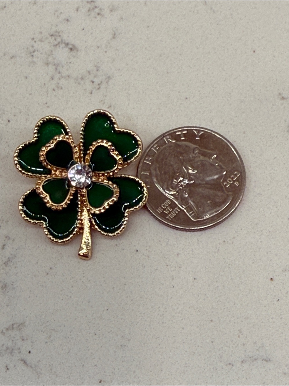 New Gold-Tone Green Four-Leaf Clover Brooch with Crystal Accent